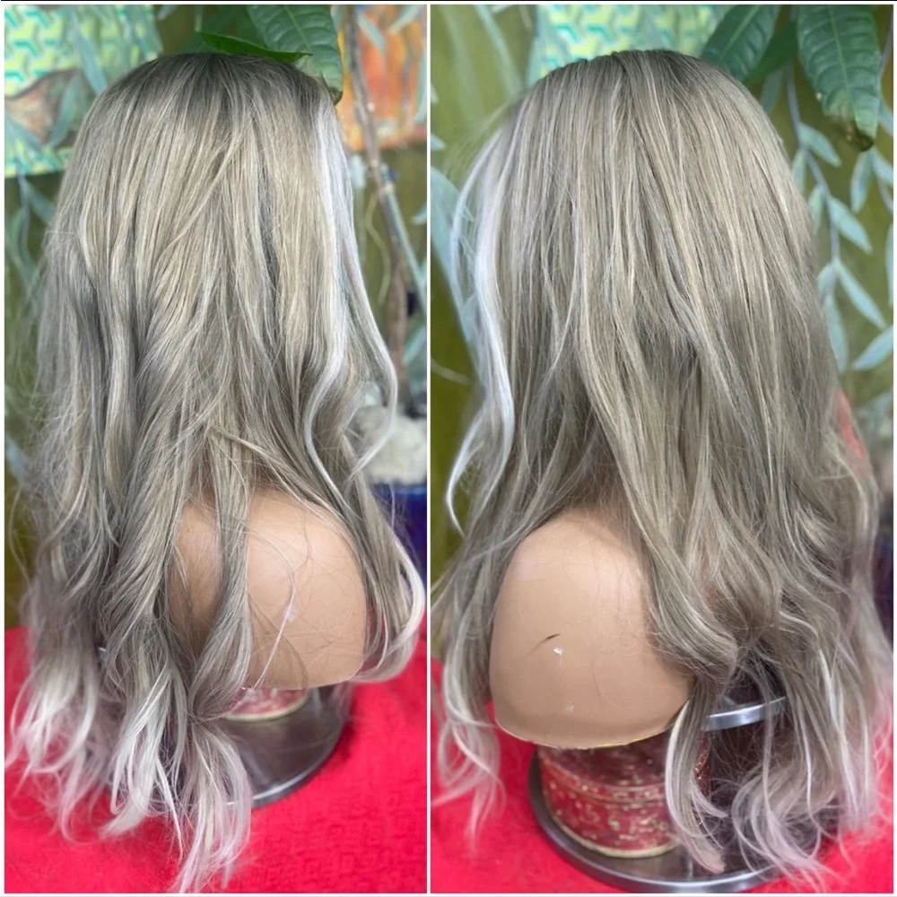 Ash grey Blonde Balayage Long Lace Front Wig